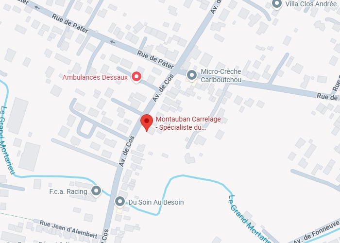 Montauban Carrelage : Plan d'accès et adresse Localisation de Montauban Carrelage sur l'Av. de Cos. La carte montre Rue de Pater, Ambulances Dessaux et Micro-Crèche Cariboutchou.