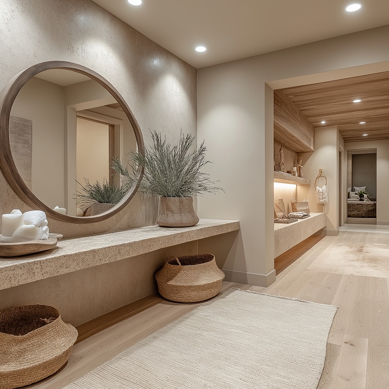 Design intérieur zen : couloir spa luxe tons neutres. Design intérieur spa luxe, tons neutres. Miroir rond, étagère en pierre, plantes et paniers tressés dans le couloir bois clair.