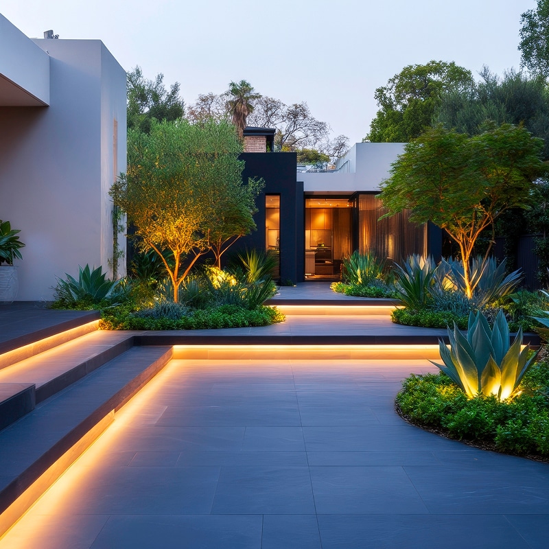 Éclairage paysager: design extérieur moderne et escalier LED de luxe. Entrée d'une maison moderne au crépuscule. Escalier en dalles sombres avec éclairage LED dissimulé. Aménagement paysager luxueux par arbres et agaves éclairés.