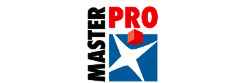 MASTER PRO Logo professionnel avec cube 3D et étoile Logo MASTER PRO : texte noir vertical et PRO rouge. Symbole d'un cube 3D rouge planant sur une étoile blanche dans un carré bleu.